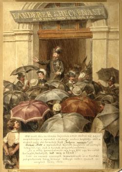 Barabás Miklós: Jókai a Landerer és Heckenast nyomda előtt, 1893 